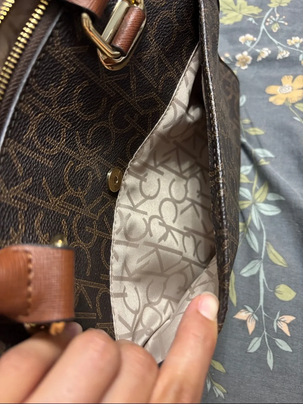 Calvin Klein Brown Monogram Zipper Handbag with Tan Handles and Gold Hardware